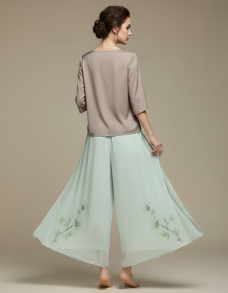 Pantalon Chinois Fluide Menthe Imprimé Floral Élégant - Vert Soie - vue 2
