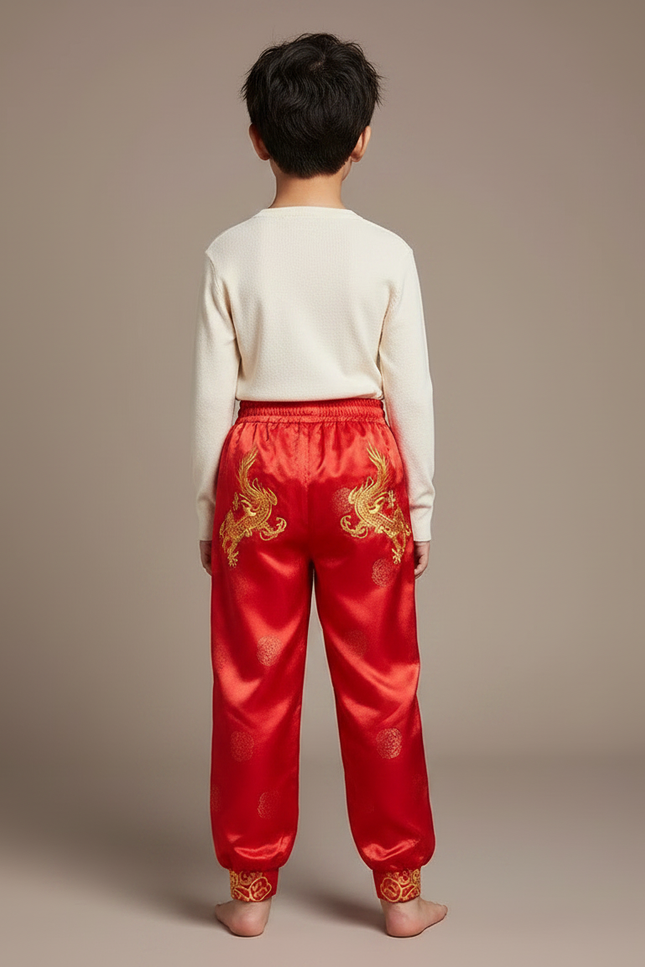Pantalon Chinois Rouge Satiné Ample Brodé Dragon Enfant - vue 2