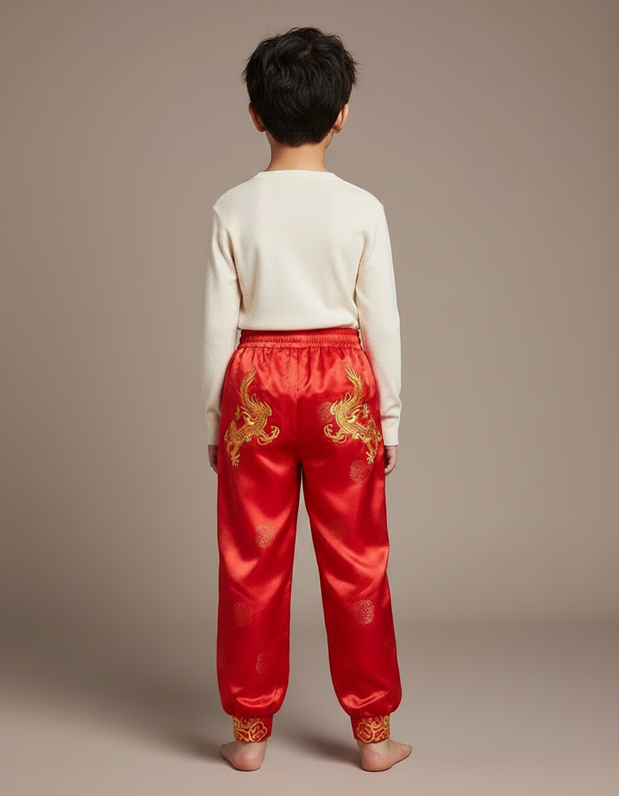 Pantalon Chinois Rouge Satiné Ample Brodé Dragon Enfant - vue 2