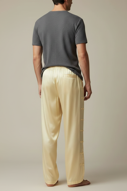 Pantalon Chinois Jaune Satiné Ample Boutonné Homme - vue 2