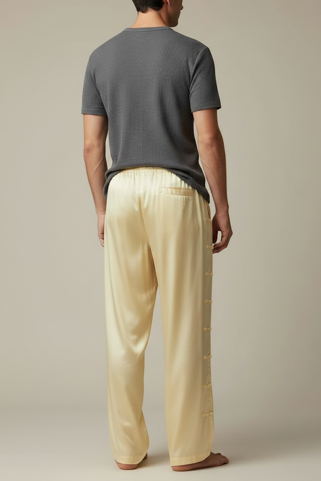Pantalon Chinois Jaune Satiné Ample Boutonné Homme - vue 2