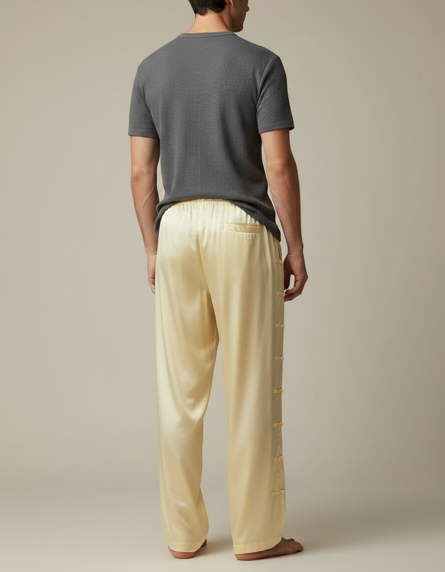 Pantalon Chinois Jaune Satiné Ample Boutonné Homme - vue 2