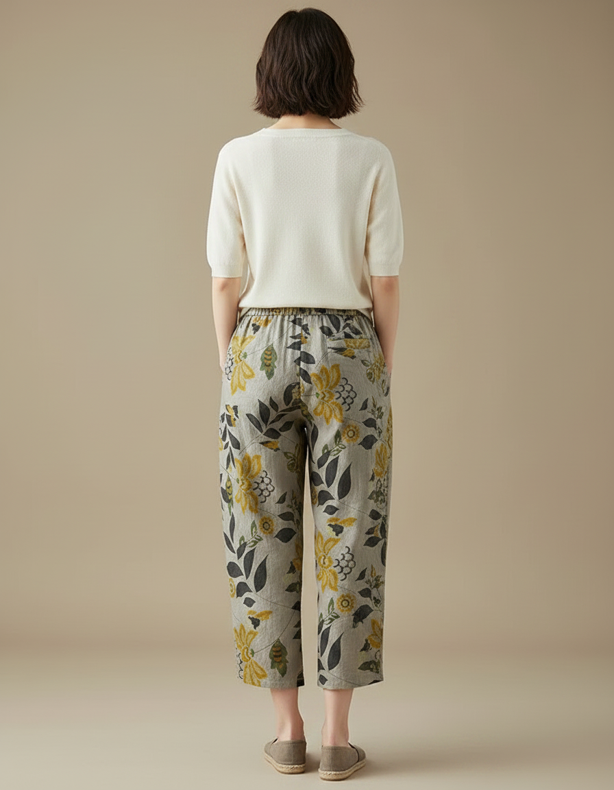 Pantalon Chinois Imprimé Floral Lin Coton Ample Estival - vue 2