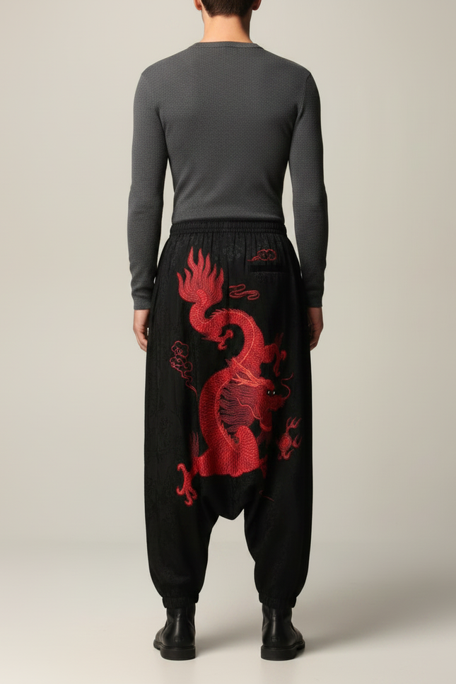 Pantalon Chinois Noir Brodé Dragon Harem Satiné - vue 2