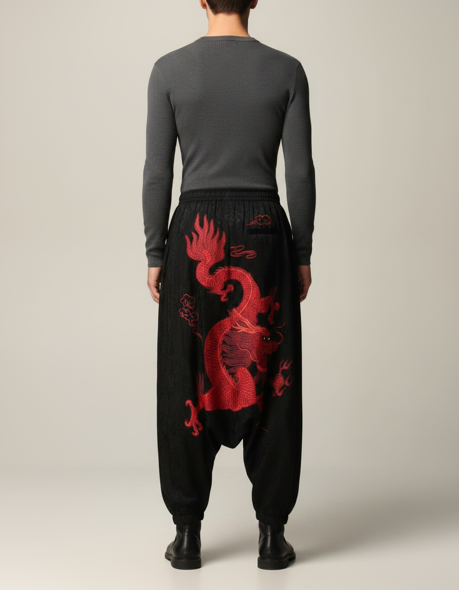 Pantalon Chinois Noir Brodé Dragon Harem Satiné - vue 2