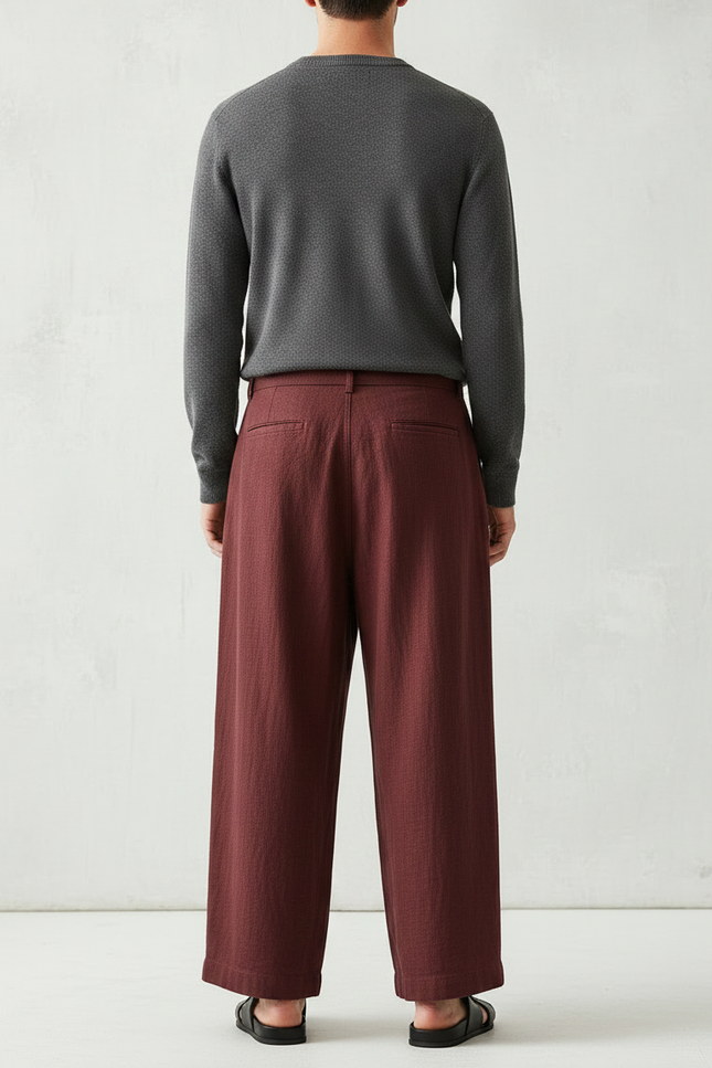 Pantalon Chinois Bordeaux Ample Lin Décontracté Fluide - vue 2