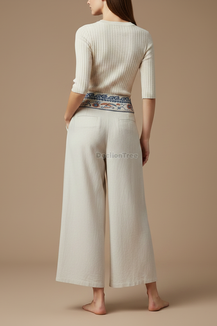 Pantalon Chinois Écru Brodé Ample Lin Fluide - Beige - vue 2