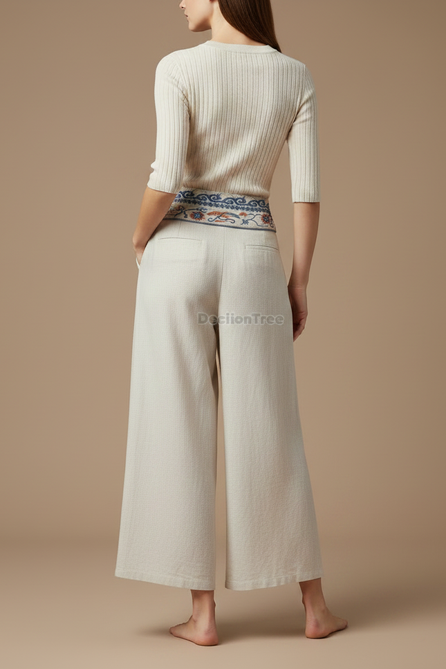 Pantalon Chinois Écru Brodé Ample Lin Fluide - Beige - vue 2