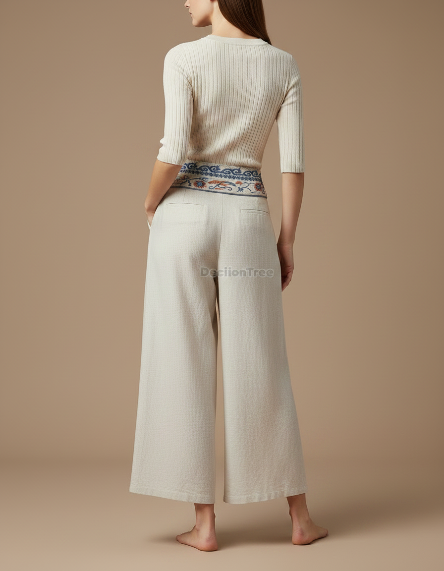 Pantalon Chinois Écru Brodé Ample Lin Fluide - Beige - vue 2