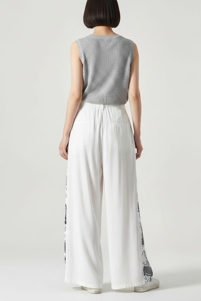 Pantalon Chinois Blanc Ample Imprimé Carpes Fluide - Viscose - vue 2