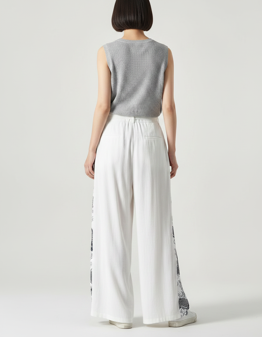 Pantalon Chinois Blanc Ample Imprimé Carpes Fluide - Viscose - vue 2