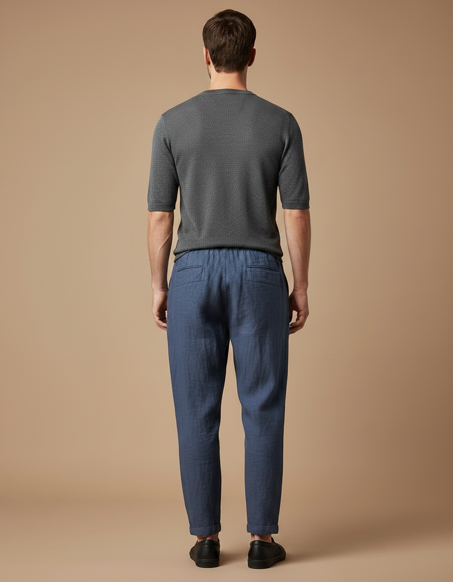 Pantalon Chinois Lin Bleu Marine Décontracté Homme - vue 2