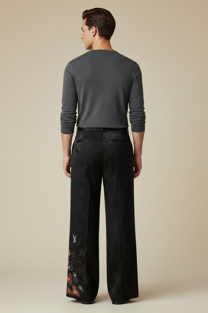 Pantalon Chinois Noir Brodé Jacquard Ample Vintage - Satin - vue 2