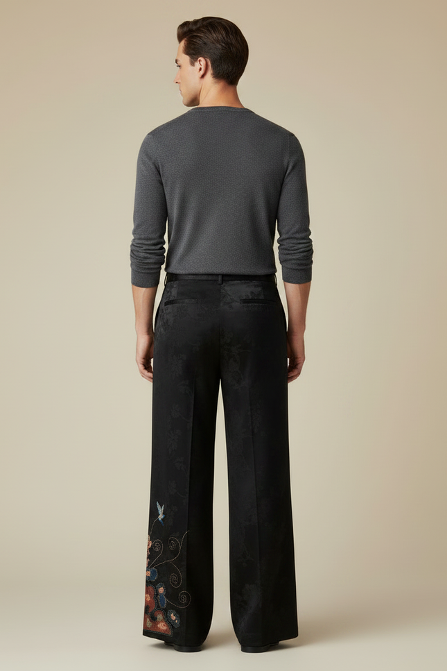 Pantalon Chinois Noir Brodé Jacquard Ample Vintage - Satin - vue 2