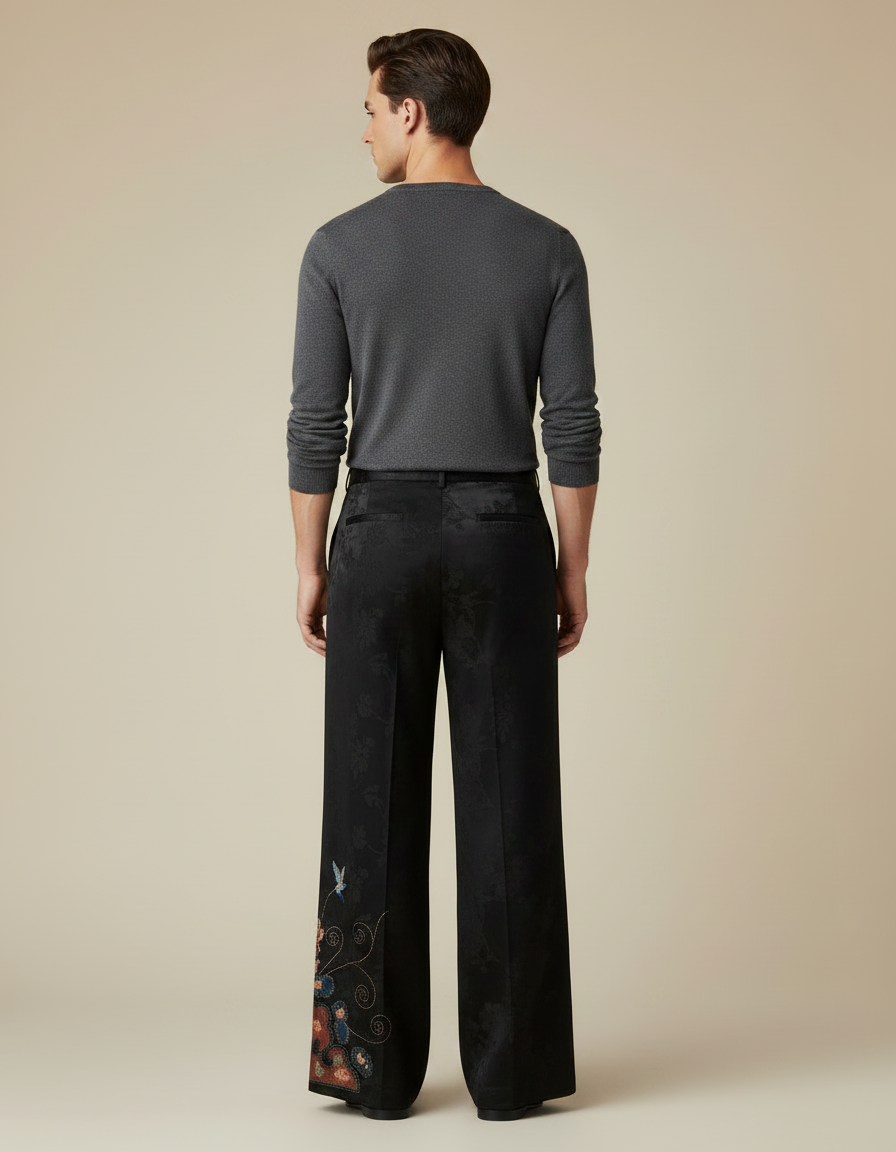 Pantalon Chinois Noir Brodé Jacquard Ample Vintage - Satin - vue 2