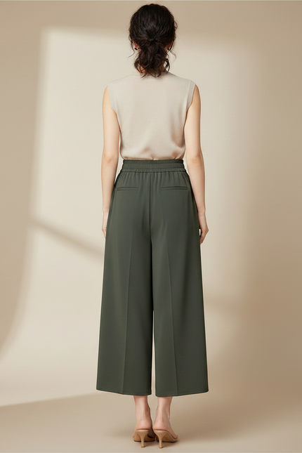 Pantalon Chinois Vert Kaki Ample Fluide Taille Haute - Polyester - vue 2