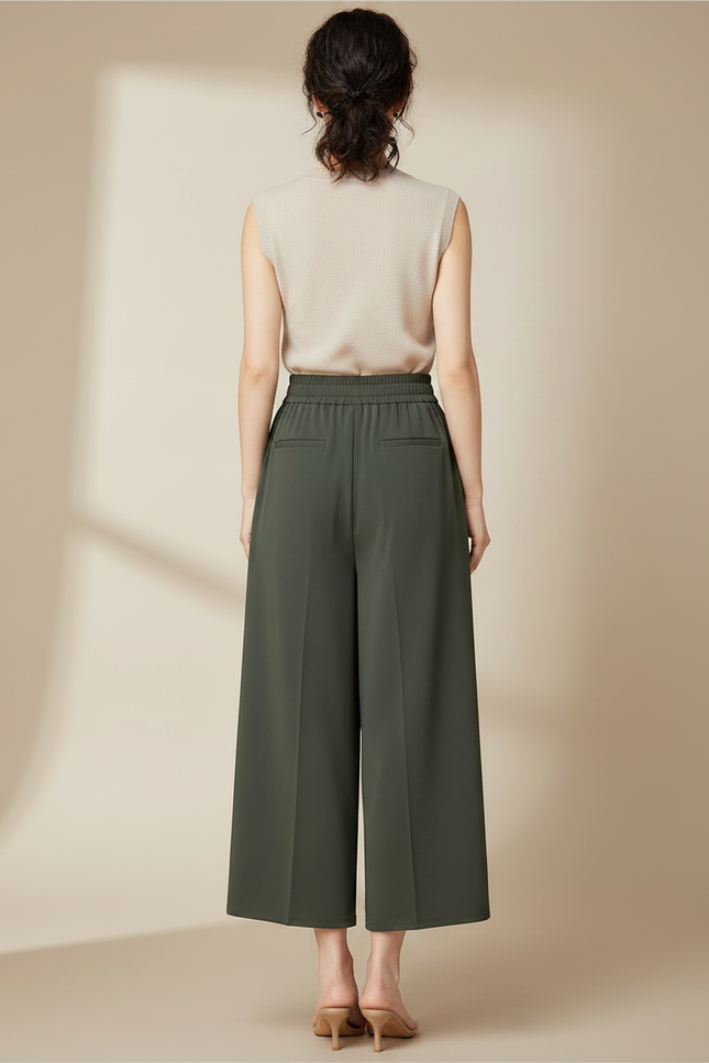 Pantalon Chinois Vert Kaki Ample Fluide Taille Haute - Polyester - vue 2