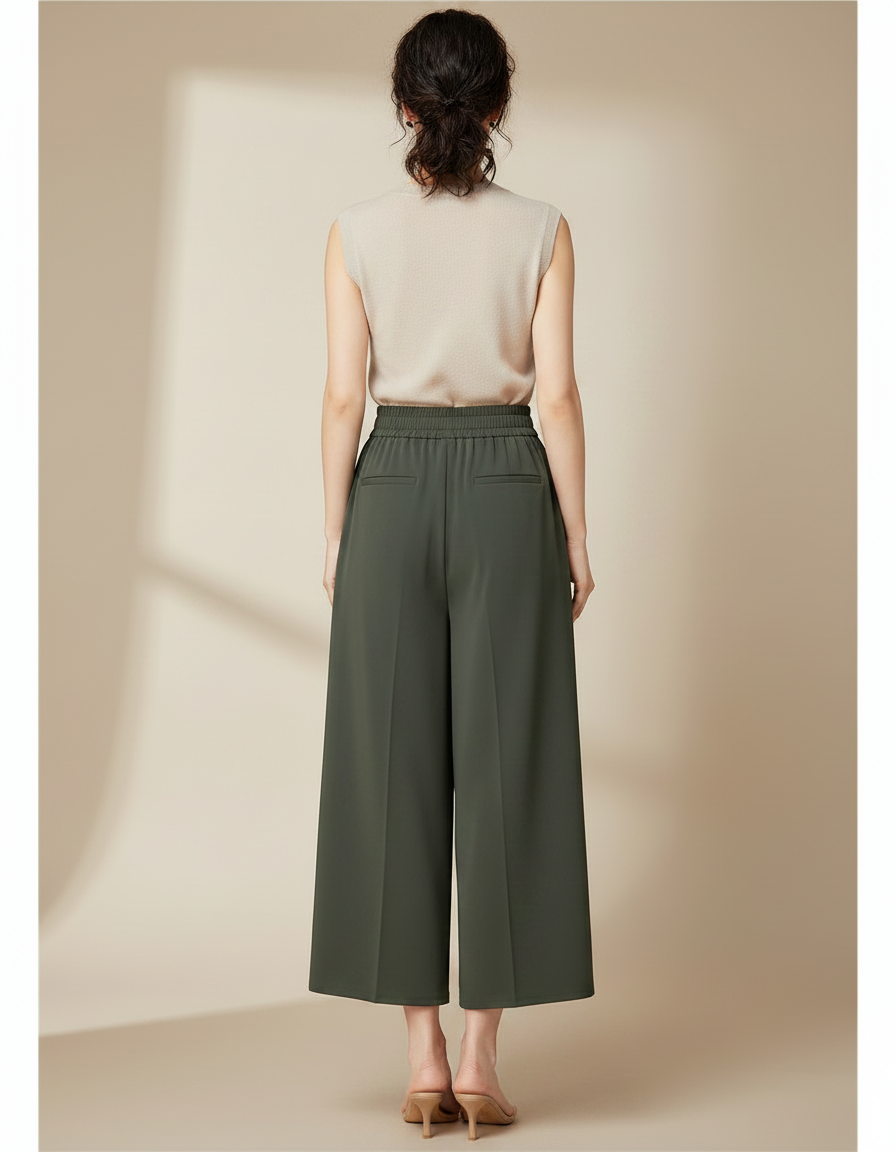 Pantalon Chinois Vert Kaki Ample Fluide Taille Haute - Polyester - vue 2