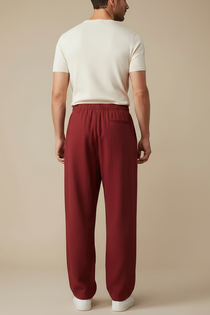 Pantalon Chinois Bordeaux Ample Lin Décontracté Homme - vue 2