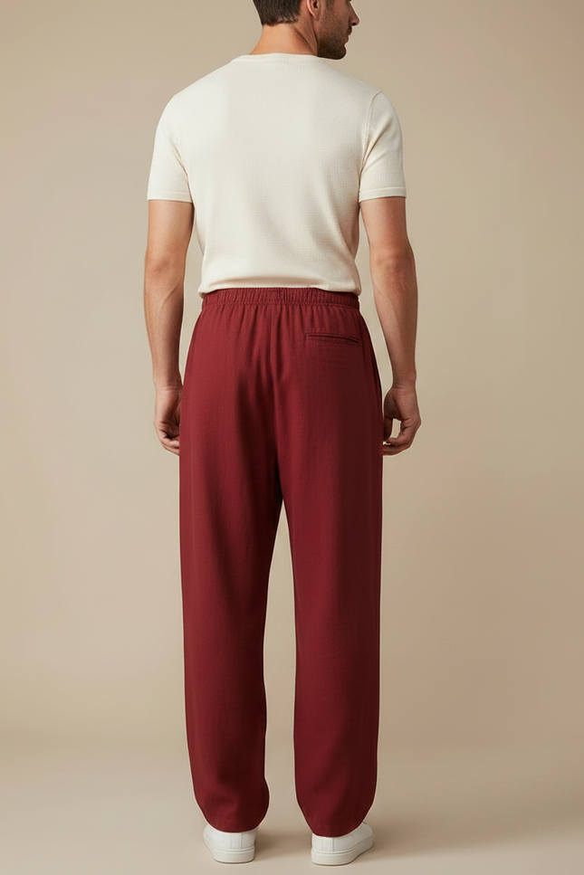 Pantalon Chinois Bordeaux Ample Lin Décontracté Homme - vue 2