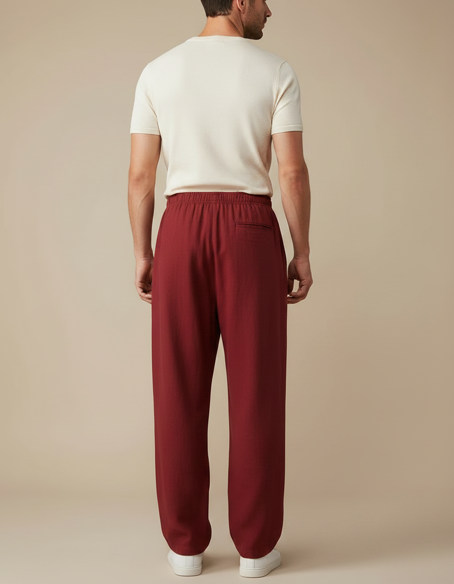 Pantalon Chinois Bordeaux Ample Lin Décontracté Homme - vue 2