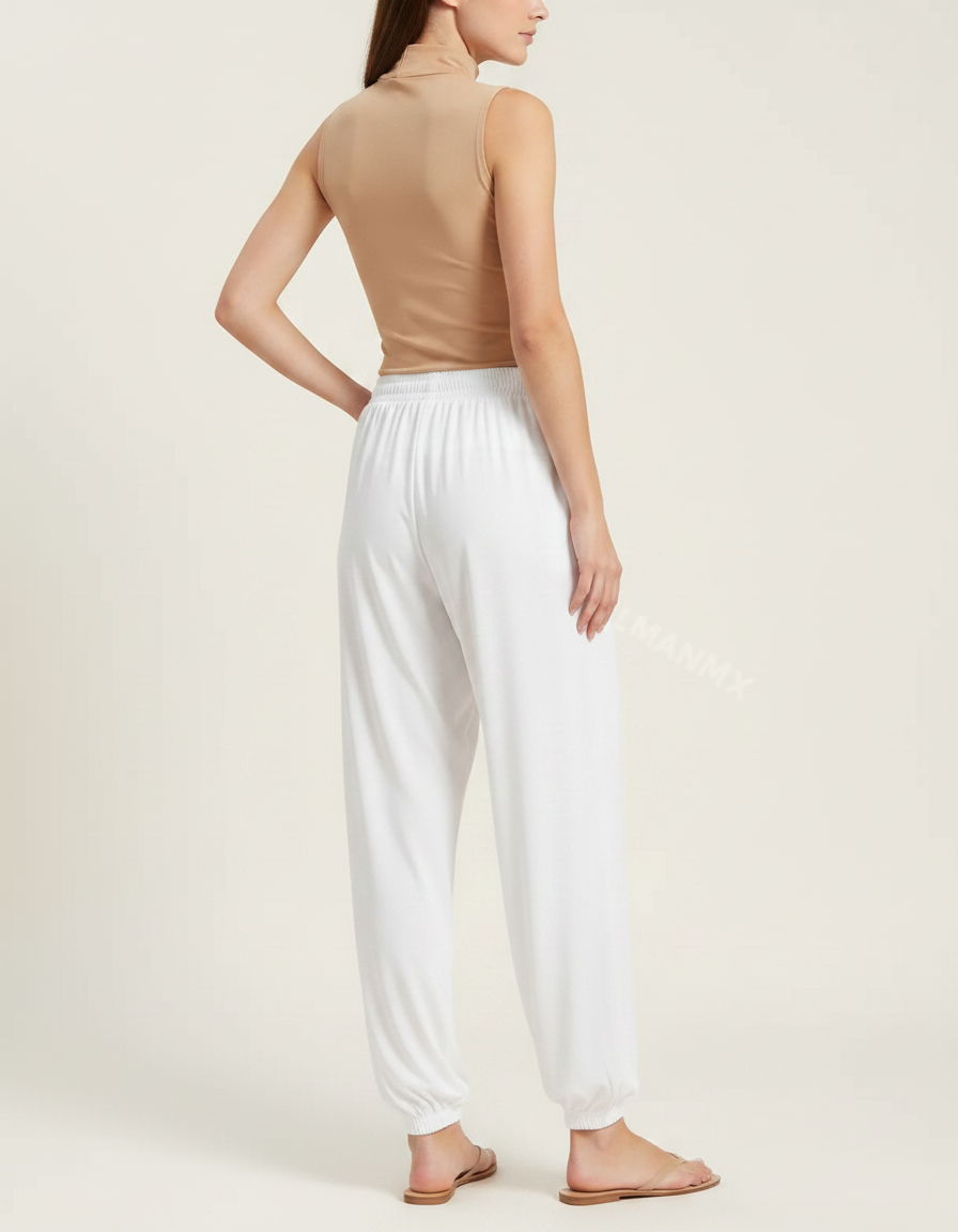 Pantalon Chinois Blanc Ample Fluide Élastiqué Sport - Viscose - vue 2