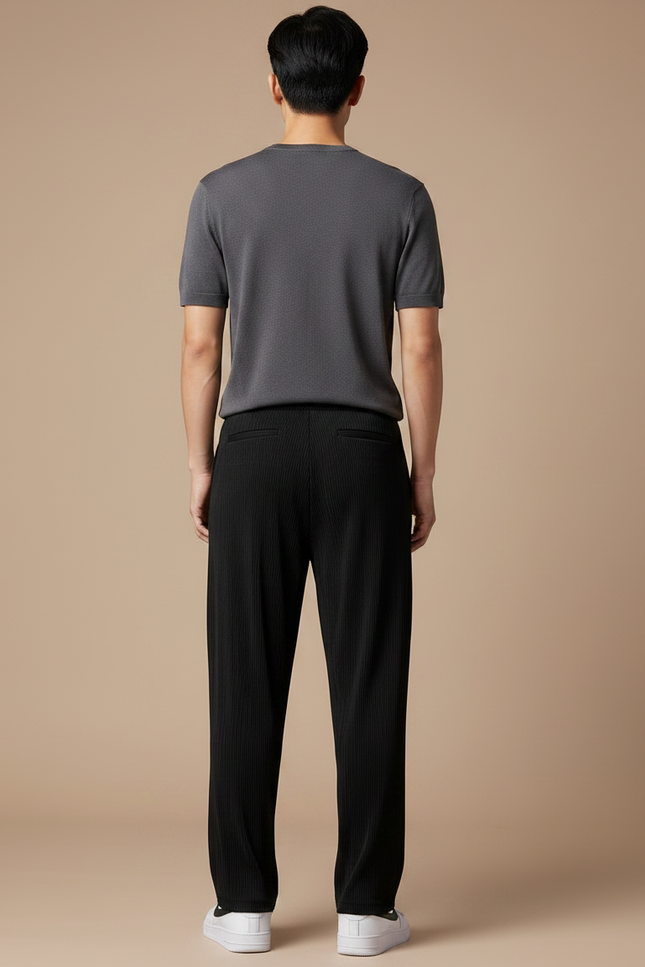 Pantalon Chinois Noir Plissé Ample Décontracté Homme - Polyester - vue 2