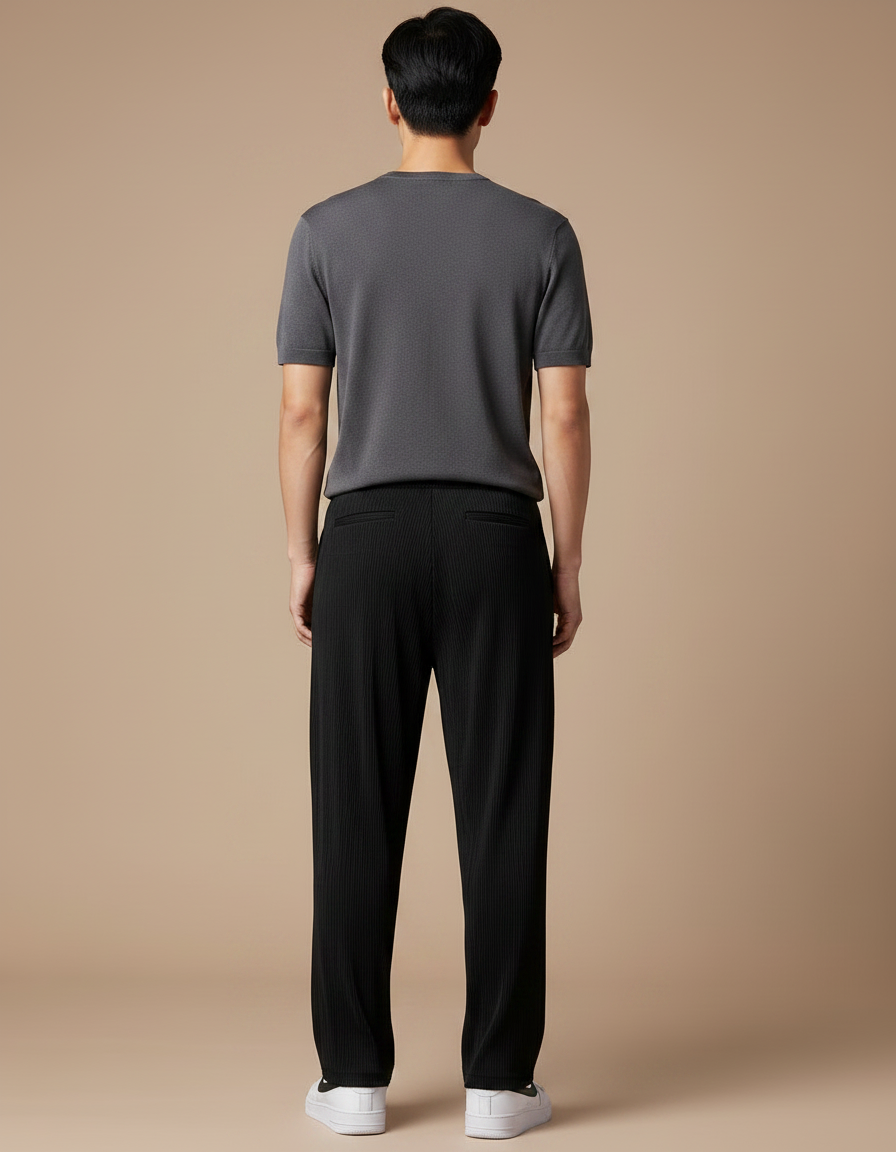 Pantalon Chinois Noir Plissé Ample Décontracté Homme - Polyester - vue 2