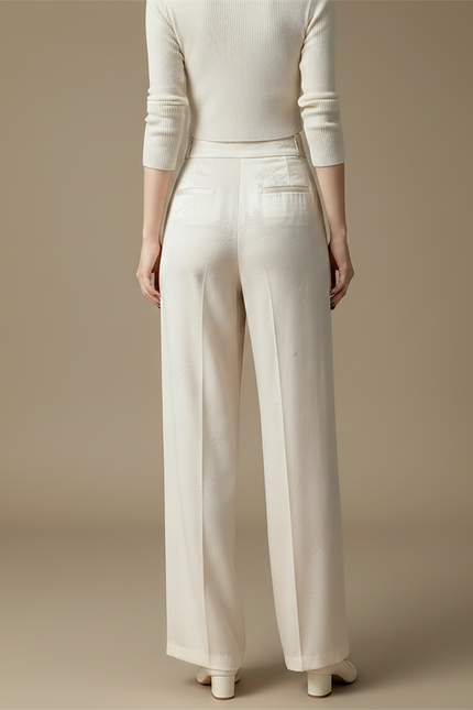 Pantalon Chinois Satiné Jacquard Ample Écru Décontracté - Beige - vue 2