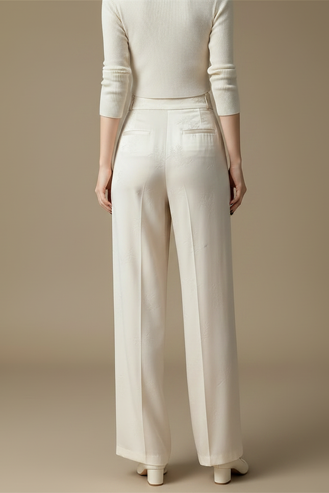 Pantalon Chinois Satiné Jacquard Ample Écru Décontracté - Beige - vue 2
