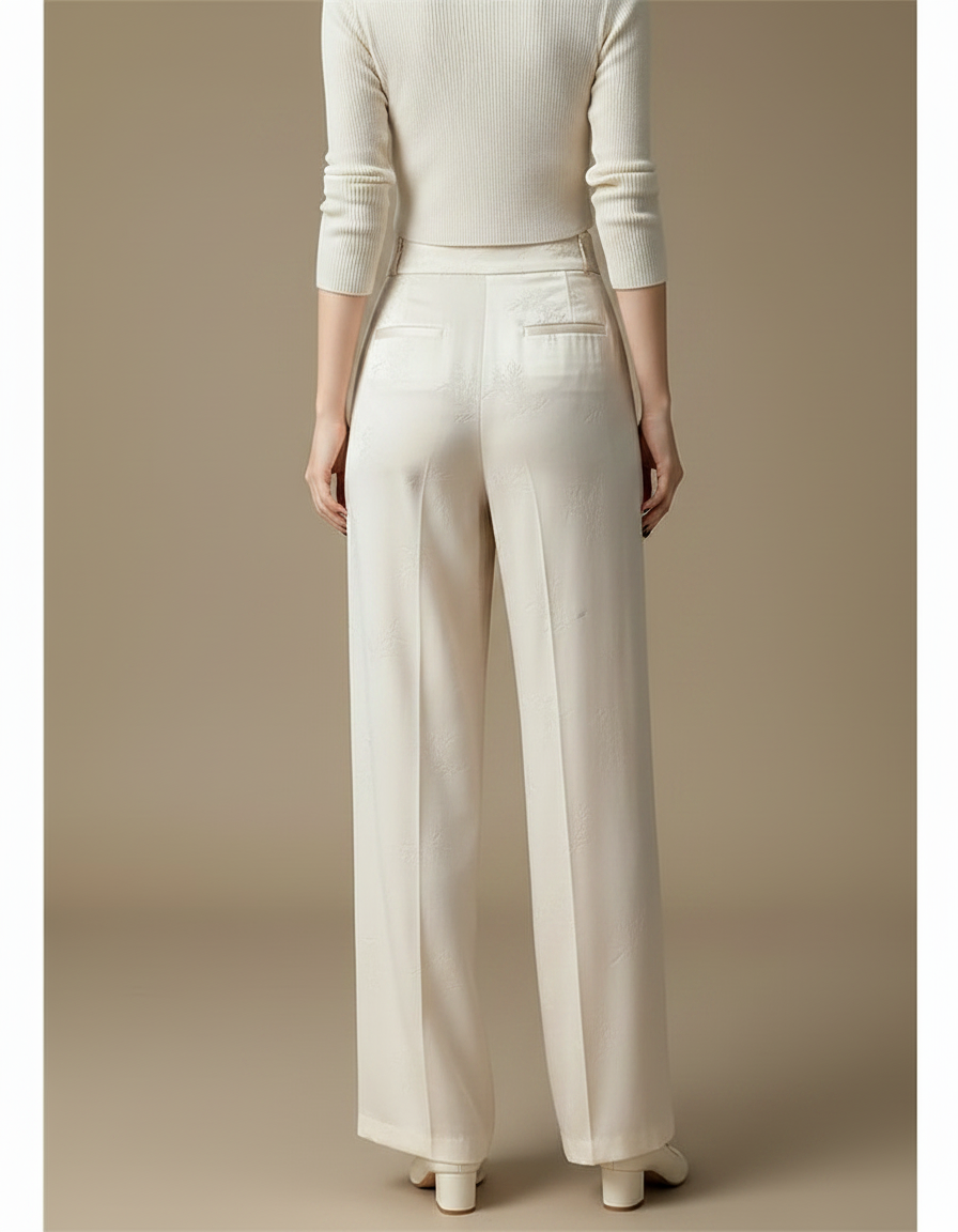 Pantalon Chinois Satiné Jacquard Ample Écru Décontracté - Beige - vue 2