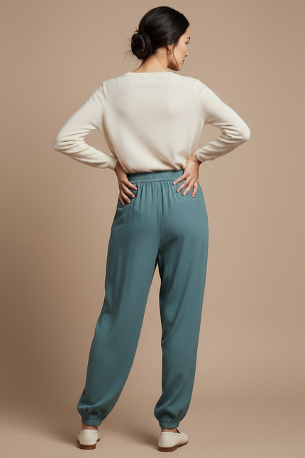 Pantalon Chinois Bleu Canard Fluide Ample Élastiqué Femme - Viscose - vue 2