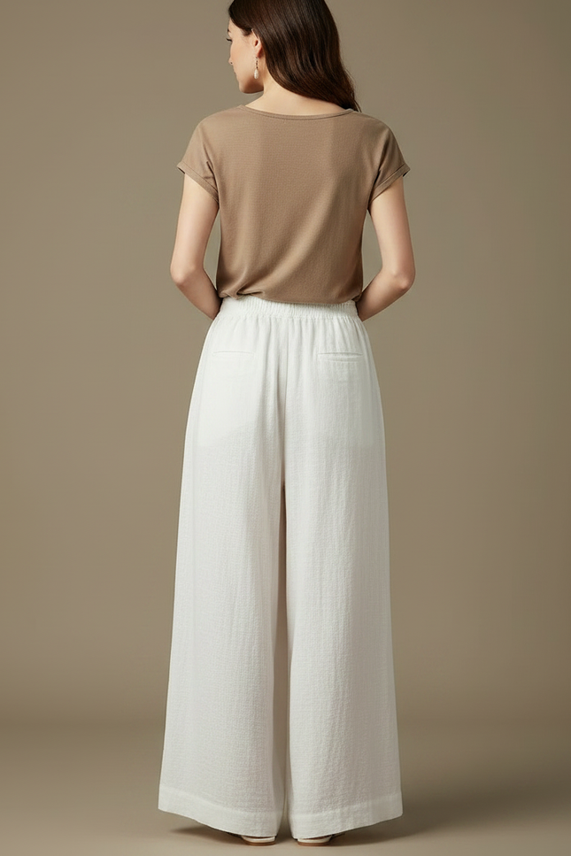 Pantalon Chinois Blanc Ample Lin Plissé Fluide - vue 2
