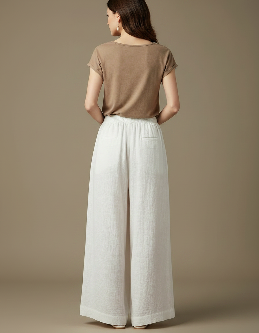 Pantalon Chinois Blanc Ample Lin Plissé Fluide - vue 2