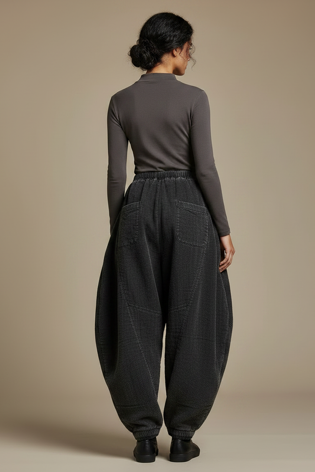 Pantalon Chinois Gris Ample Côtelé Harem Décontracté - Cordé - vue 2