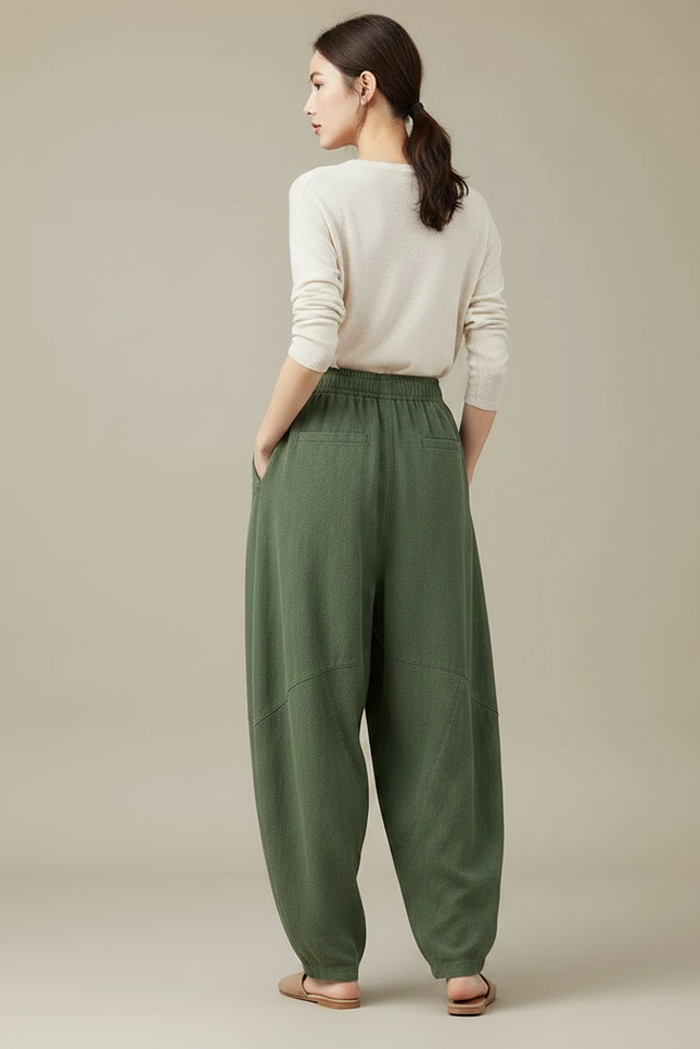 Pantalon Chinois Vert Ample Lin Coton Harem Femme - vue 2