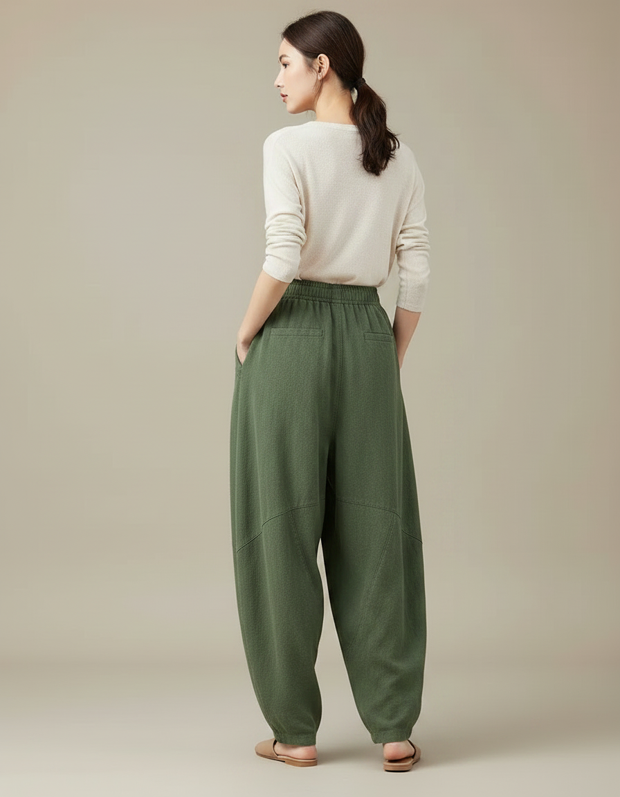 Pantalon Chinois Vert Ample Lin Coton Harem Femme - vue 2