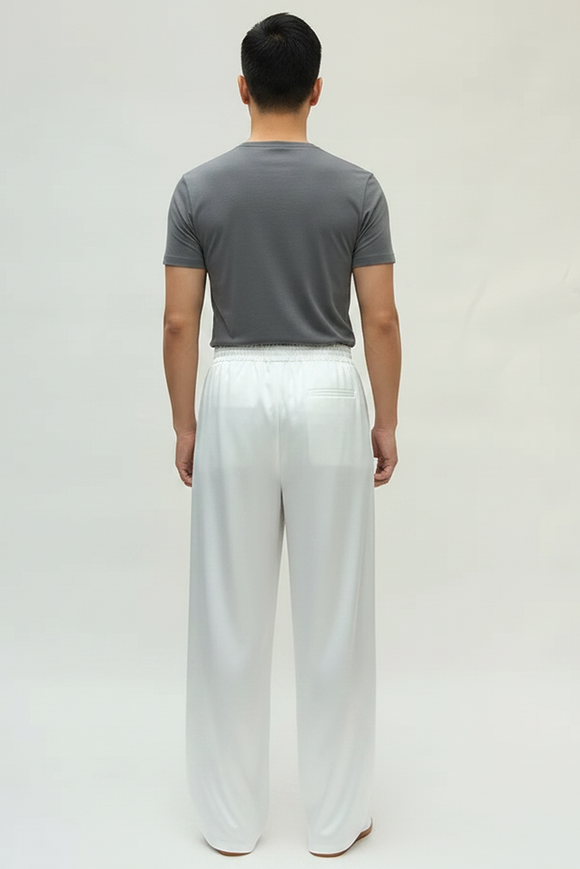 Pantalon Chinois Blanc Satin Ample Fluide Unisexe - vue 2