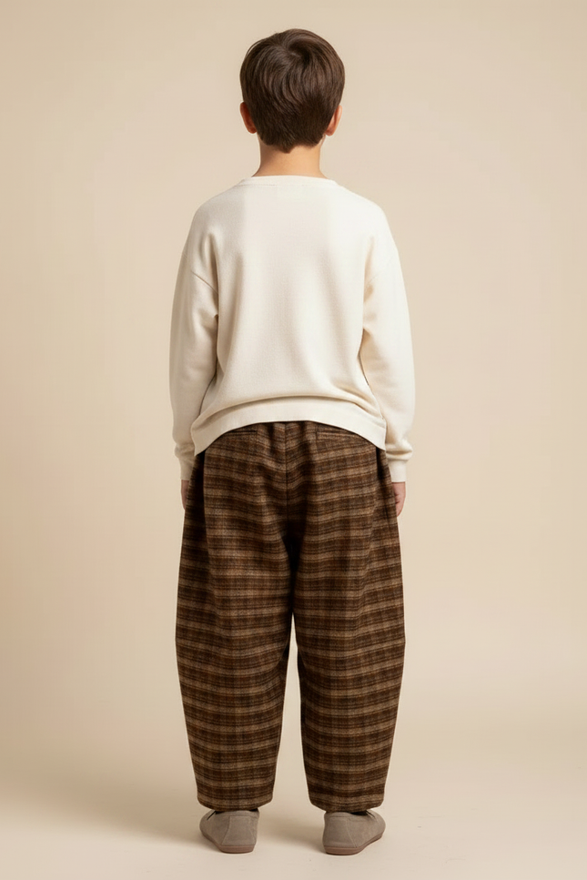 Pantalon Chinois Plaid Marron Ample Hiver Garçon - Tweed - vue 2