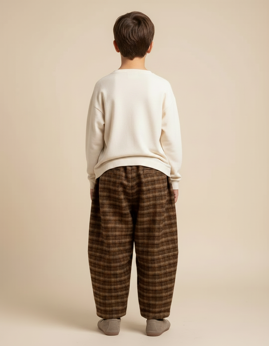 Pantalon Chinois Plaid Marron Ample Hiver Garçon - Tweed - vue 2