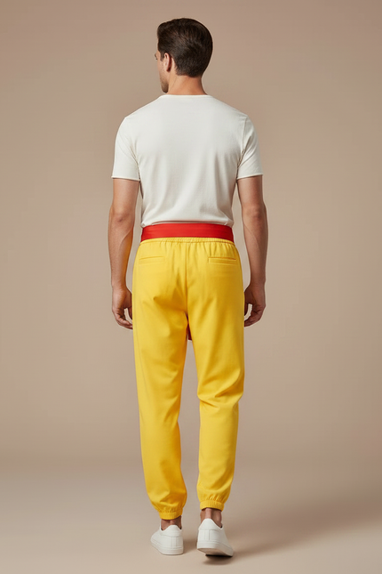 Pantalon Chinois Jaune Ample Brodé Rouge Ceinture - Polyester - vue 2