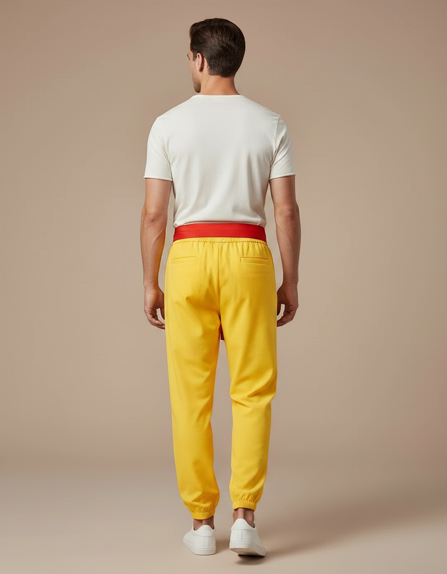 Pantalon Chinois Jaune Ample Brodé Rouge Ceinture - Polyester - vue 2