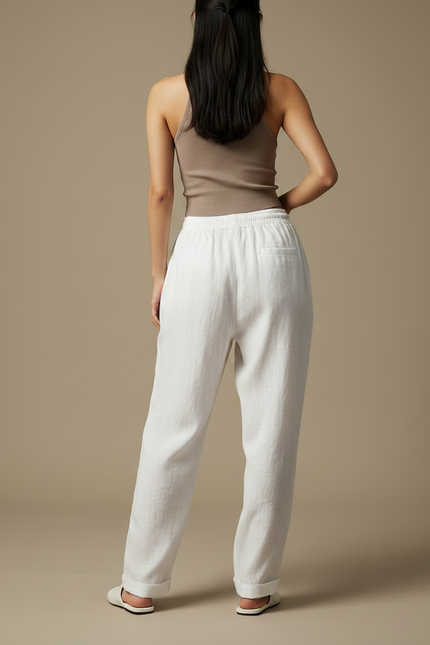 Pantalon Chinois Femme Blanc Ample Lin - vue 2
