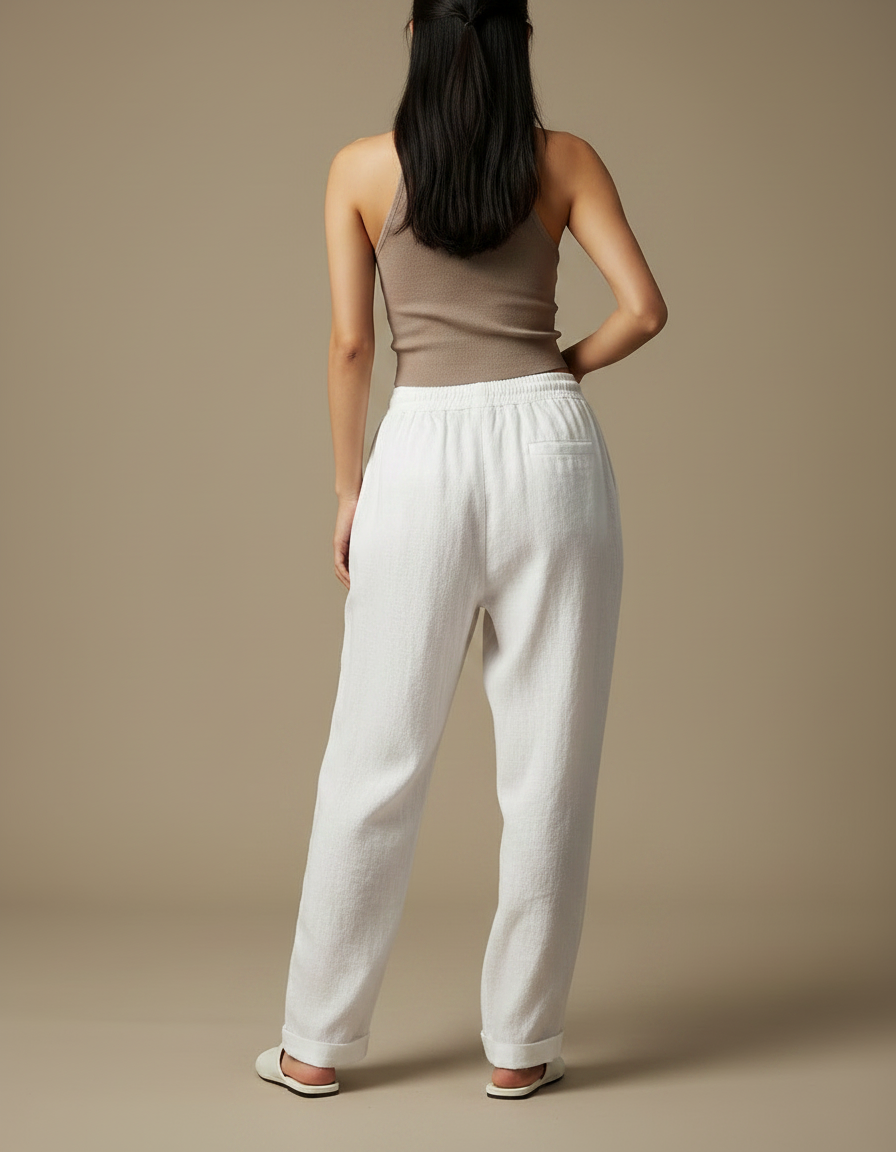Pantalon Chinois Femme Blanc Ample Lin - vue 2