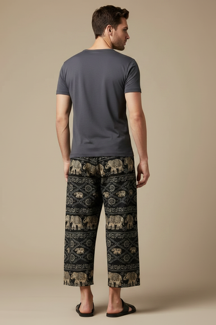 Pantalon Chinois Noir Ample Motifs Éléphants Ethniques - Viscose - vue 2