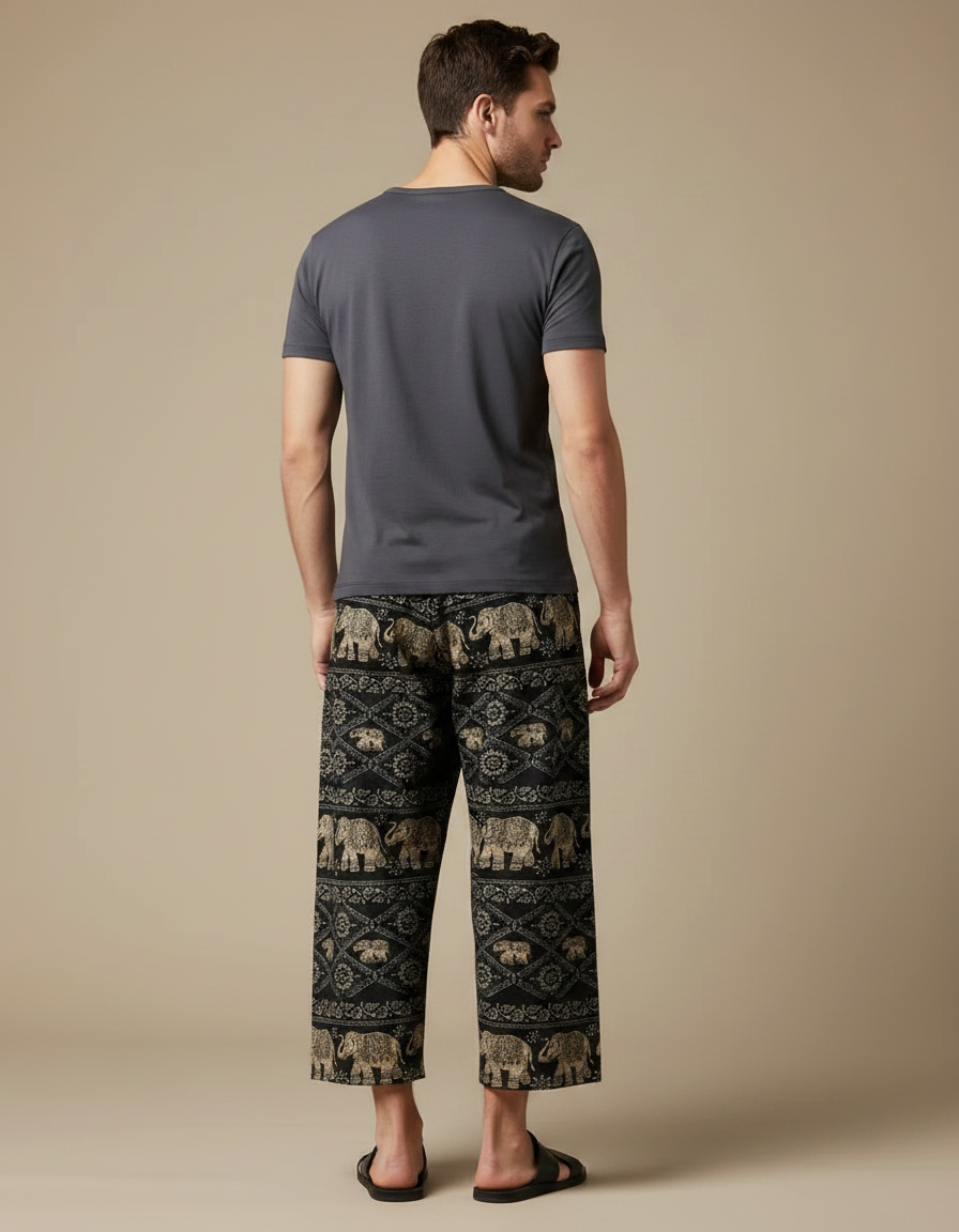 Pantalon Chinois Noir Ample Motifs Éléphants Ethniques - Viscose - vue 2