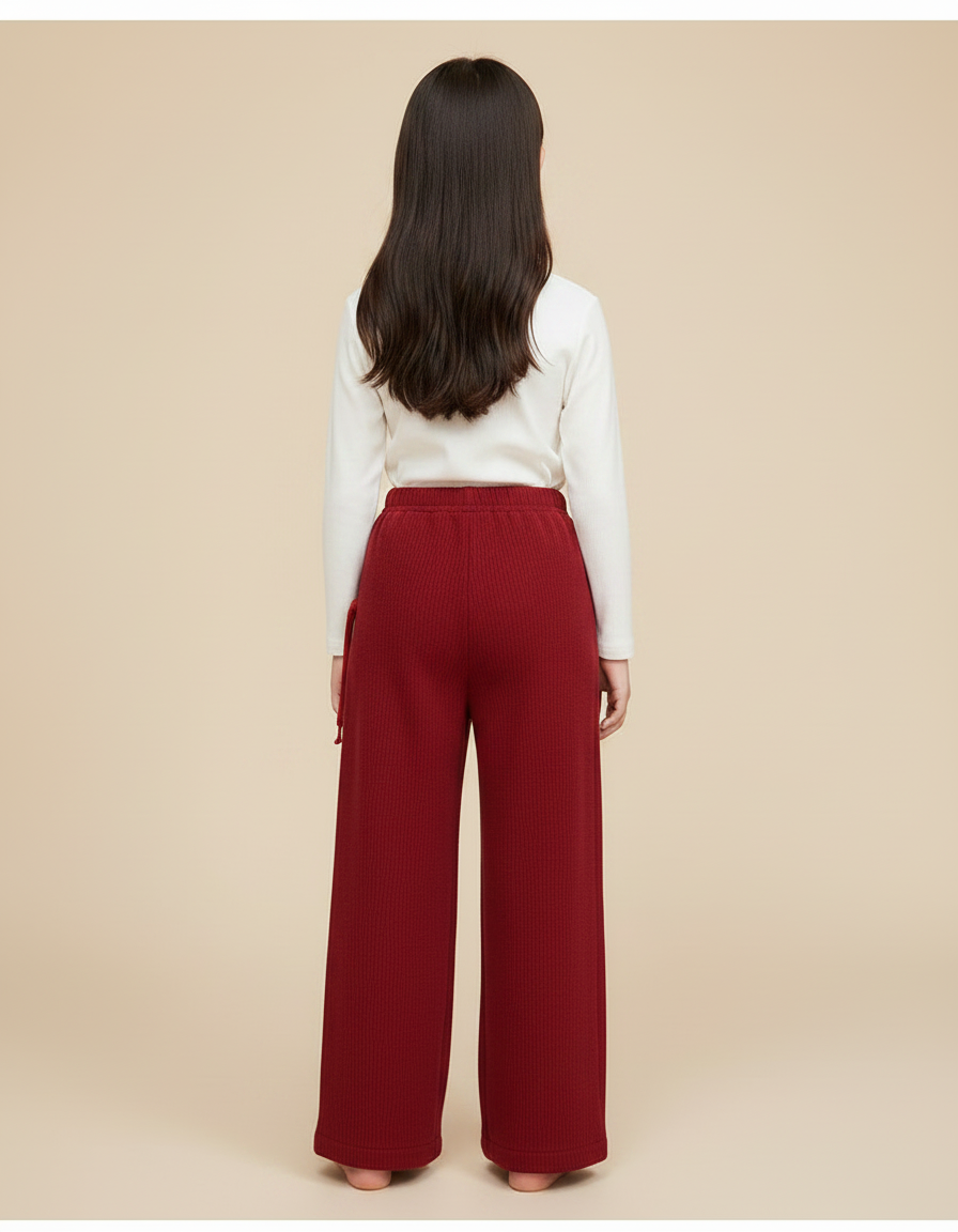 Pantalon Chinois Rouge Côtelé Ample Fille Velours - Bordeaux - vue 2
