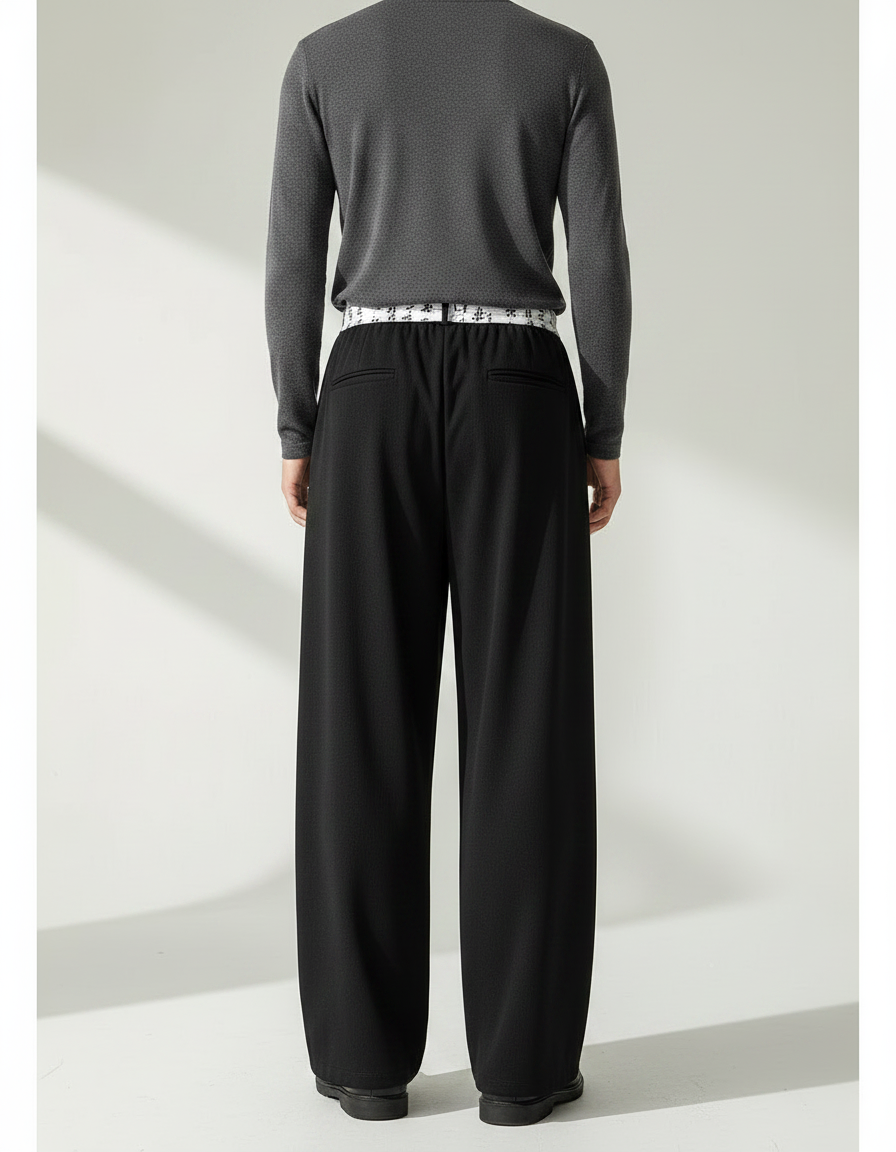 Pantalon Chinois Noir Ample Ceinture Calligraphie Décontracté - Molleton - vue 2