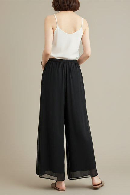 Pantalon Chinois Noir Ample Fluide Transparent Élégant - Polyester - vue 2