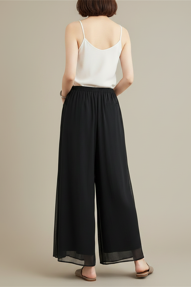 Pantalon Chinois Noir Ample Fluide Transparent Élégant - Polyester - vue 2
